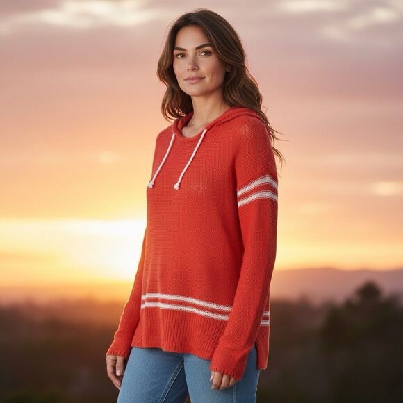 Mossimo Hoodie Knit Orange Sweater Size Med Long Sleeve Pullover - Picture 2 of 7